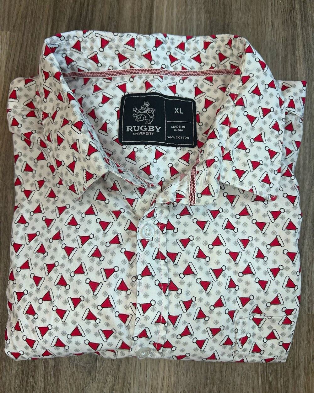 Rugby University Men's XL Cotton Short Button-Up Shirt Santa Blokecore Christmas